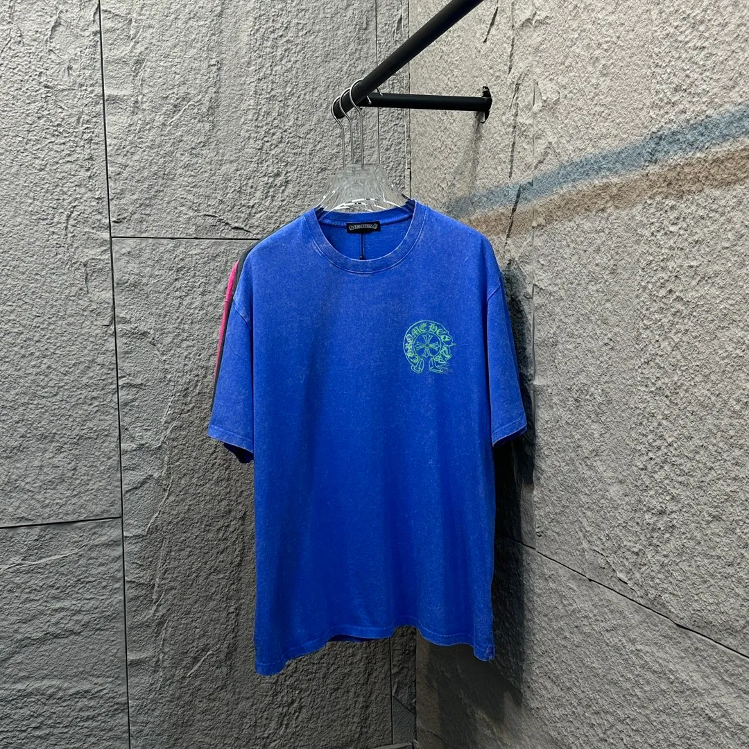 🅿️180 CH* Crow Heart* 2025 spring and summer new style Snowflake distressed washed retro round neck short sleeves Chest and front logo Horseshoe print Customized fabric Short-sleeved T-shirt Unisex Size: S M L XL XXL Color: Snowflake Black Snowflake Gray Snowflake Pink Snowflake Blue